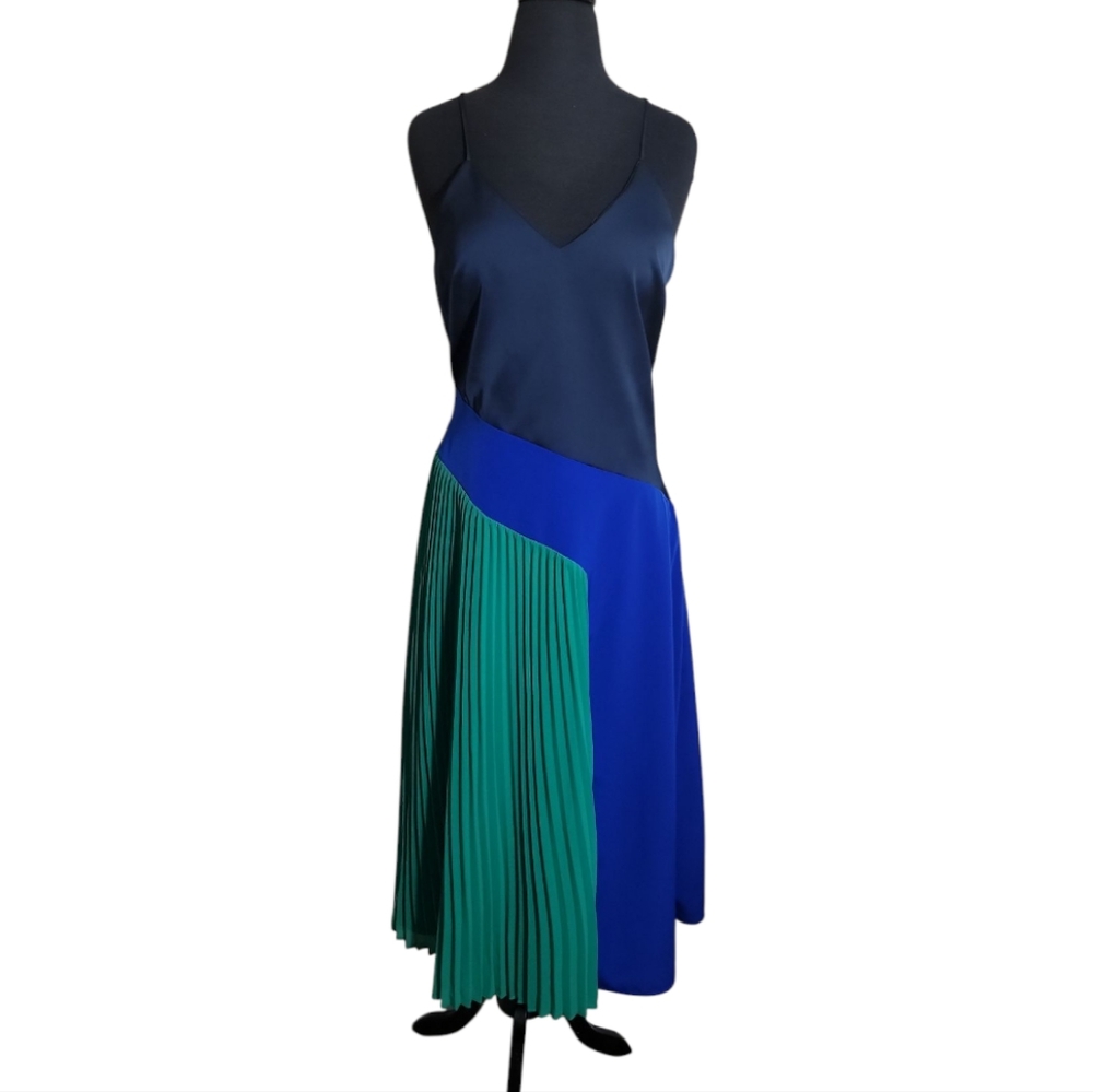 Cushnie fit flare colorblock pleated midi dress in navy, blue, green size medium